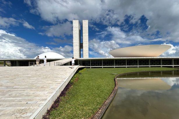 Vista do Congresso Nacional do Brasil, em Brasília, com suas cúpulas e torres sob céu claro.